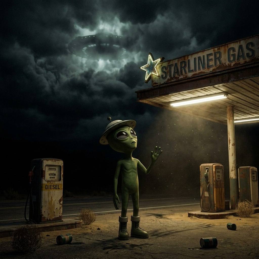 BOOTS waving at his ride outside a gas station